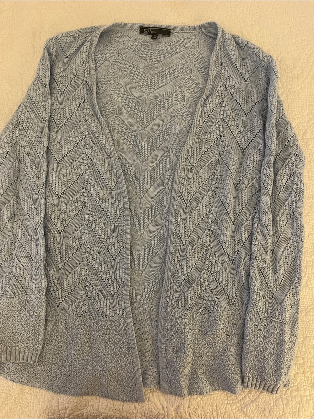 89th & Madison Light Blue Open-Front Chevron Knit Cardigan M